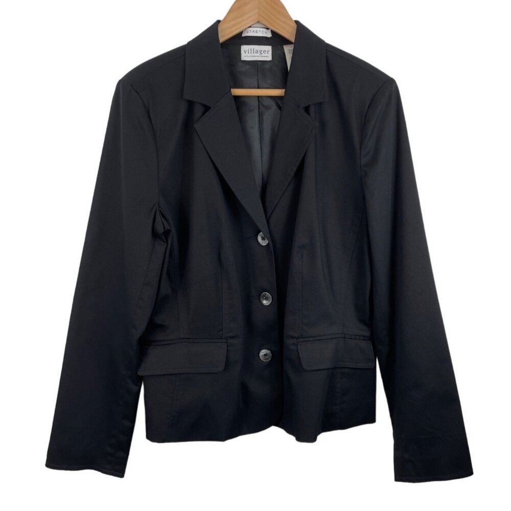 Villager Womens Size 14 Black Canvas Button Up Lined Suit Jacket Blazer Stretch